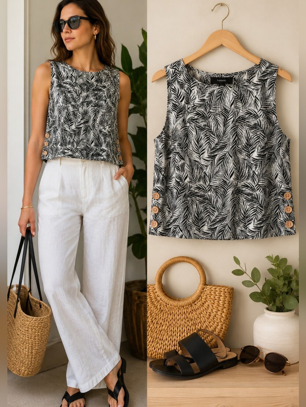 Tahari 100% Linen Leaf Print Crop Top Size L Sleeveless Button Side Black White